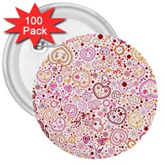 Ornamental Pattern With Hearts And Flowers  3  Buttons (100 Pack) 