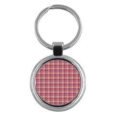 Pink Plaid Pattern Key Chains (round)  by TastefulDesigns