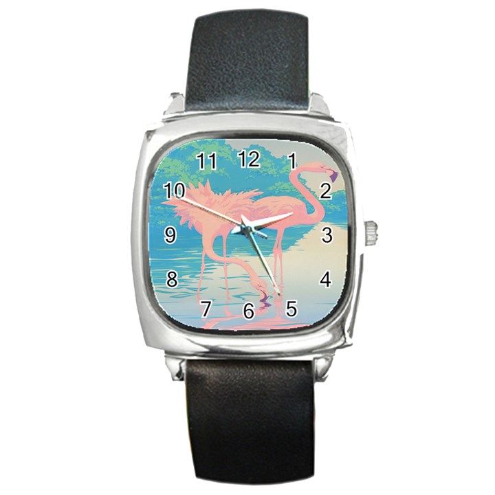 Two Pink Flamingos Pop Art Square Metal Watch