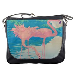 Two Pink Flamingos Pop Art Messenger Bags by WaltCurleeArt