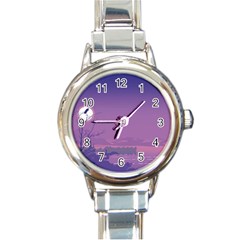 Abstract Tropical Birds Purple Sunset  Round Italian Charm Watch by WaltCurleeArt