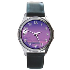 Abstract Tropical Birds Purple Sunset  Round Metal Watch by WaltCurleeArt