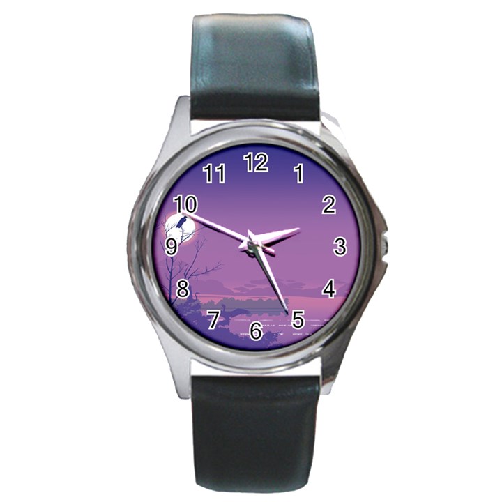 Abstract Tropical Birds Purple Sunset  Round Metal Watch