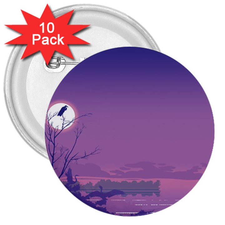 Abstract Tropical Birds Purple Sunset  3  Buttons (10 pack) 