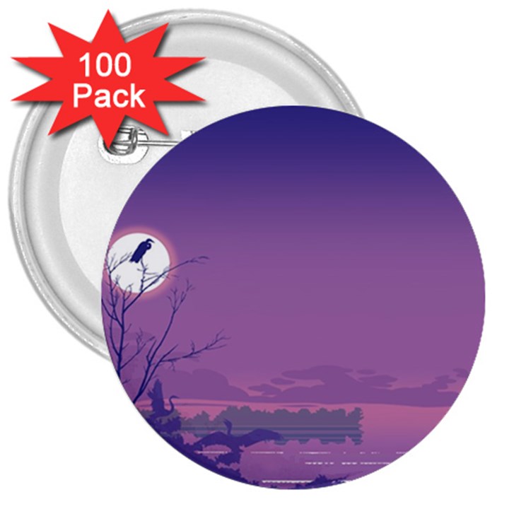 Abstract Tropical Birds Purple Sunset  3  Buttons (100 pack) 