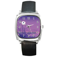 Abstract Tropical Birds Purple Sunset Square Metal Watch by WaltCurleeArt