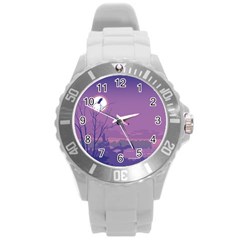 Abstract Tropical Birds Purple Sunset Round Plastic Sport Watch (l) by WaltCurleeArt