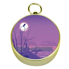 Abstract Tropical Birds Purple Sunset Gold Compasses by WaltCurleeArt