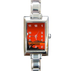 Tropical Birds Orange Sunset Landscape Rectangle Italian Charm Watch by WaltCurleeArt