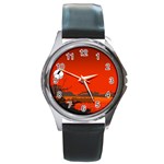 Tropical Birds Orange Sunset Landscape Round Metal Watch Front