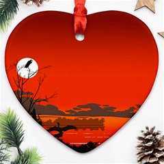 Tropical Birds Orange Sunset Landscape Ornament (heart)  by WaltCurleeArt