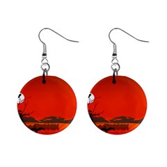 Tropical Birds Orange Sunset Landscape Mini Button Earrings by WaltCurleeArt