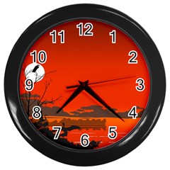 Tropical Birds Orange Sunset Landscape Wall Clocks (black) by WaltCurleeArt