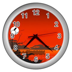 Tropical Birds Orange Sunset Landscape Wall Clocks (silver)  by WaltCurleeArt