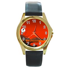 Tropical Birds Orange Sunset Landscape Round Gold Metal Watch by WaltCurleeArt