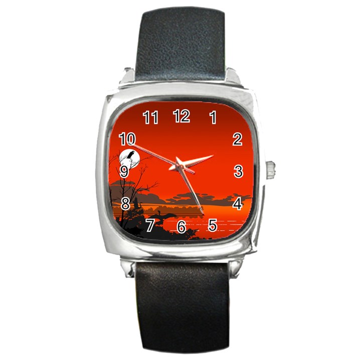 Tropical Birds Orange Sunset Landscape Square Metal Watch