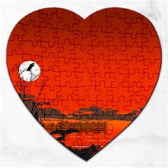 Tropical Birds Orange Sunset Landscape Jigsaw Puzzle (heart) by WaltCurleeArt