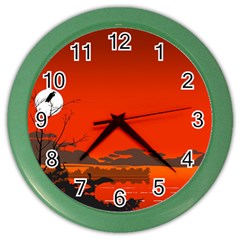 Tropical Birds Orange Sunset Landscape Color Wall Clocks