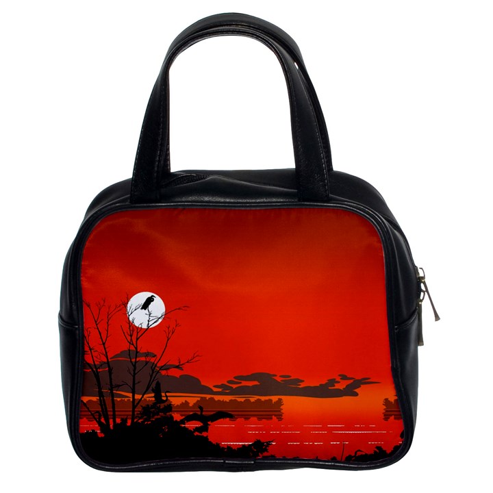 Tropical Birds Orange Sunset Landscape Classic Handbags (2 Sides)