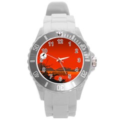 Tropical Birds Orange Sunset Landscape Round Plastic Sport Watch (l) by WaltCurleeArt