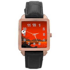 Tropical Birds Orange Sunset Landscape Rose Gold Leather Watch  by WaltCurleeArt