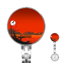 Tropical Birds Orange Sunset Landscape Stainless Steel Nurses Watch by WaltCurleeArt