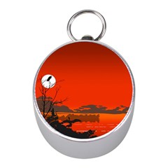 Tropical Birds Orange Sunset Landscape Mini Silver Compasses by WaltCurleeArt