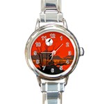 Tropical Birds Orange Sunset Landscape Round Italian Charm Watch Front