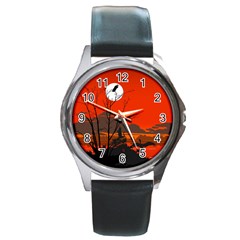 Tropical Birds Orange Sunset Landscape Round Metal Watch by WaltCurleeArt