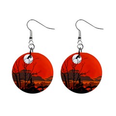 Tropical Birds Orange Sunset Landscape Mini Button Earrings by WaltCurleeArt