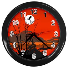 Tropical Birds Orange Sunset Landscape Wall Clocks (black) by WaltCurleeArt