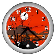 Tropical Birds Orange Sunset Landscape Wall Clocks (silver)  by WaltCurleeArt