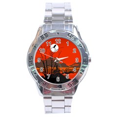 Tropical Birds Orange Sunset Landscape Stainless Steel Analogue Watch by WaltCurleeArt