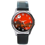 Tropical Birds Orange Sunset Landscape Round Metal Watch Front