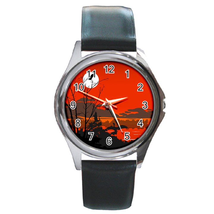 Tropical Birds Orange Sunset Landscape Round Metal Watch