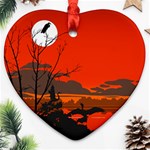 Tropical Birds Orange Sunset Landscape Ornament (Heart)  Front