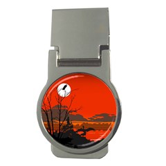 Tropical Birds Orange Sunset Landscape Money Clips (round)  by WaltCurleeArt