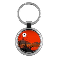 Tropical Birds Orange Sunset Landscape Key Chains (round)  by WaltCurleeArt