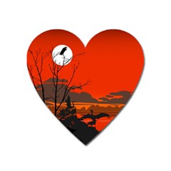 Tropical Birds Orange Sunset Landscape Heart Magnet by WaltCurleeArt