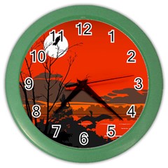 Tropical Birds Orange Sunset Landscape Color Wall Clocks by WaltCurleeArt