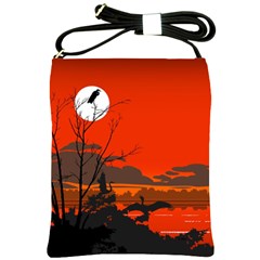 Tropical Birds Orange Sunset Landscape Shoulder Sling Bags by WaltCurleeArt