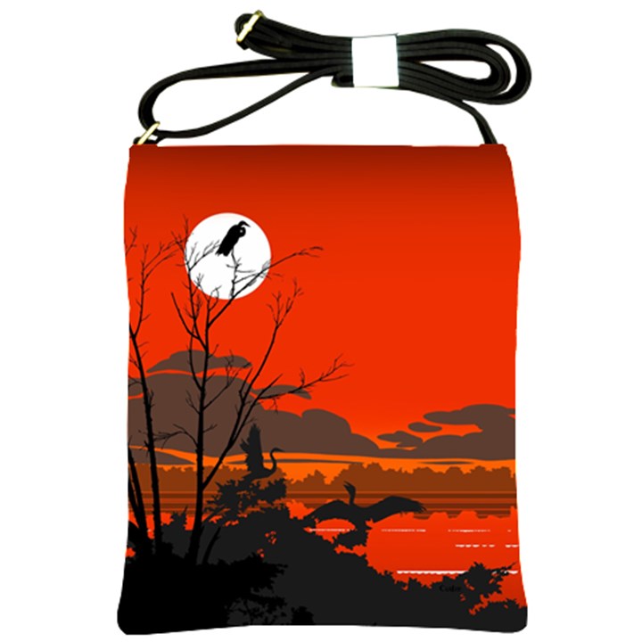 Tropical Birds Orange Sunset Landscape Shoulder Sling Bags