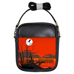 Tropical Birds Orange Sunset Landscape Girls Sling Bags by WaltCurleeArt