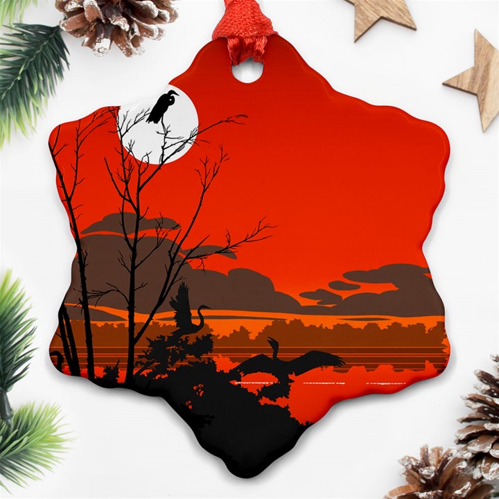 Tropical Birds Orange Sunset Landscape Ornament (Snowflake) 