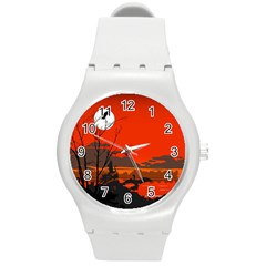 Tropical Birds Orange Sunset Landscape Round Plastic Sport Watch (m) by WaltCurleeArt