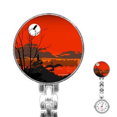 Tropical Birds Orange Sunset Landscape Stainless Steel Nurses Watch by WaltCurleeArt