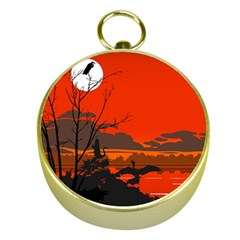 Tropical Birds Orange Sunset Landscape Gold Compasses by WaltCurleeArt