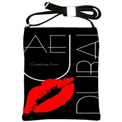 Greetings From Dubai  Red Lipstick Kiss Black Postcard Uae United Arab Emirates Shoulder Sling Bags by yoursparklingshop