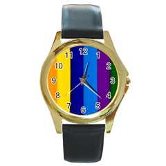 Rainbow Painting On Wood Round Gold Metal Watch by StuffOrSomething