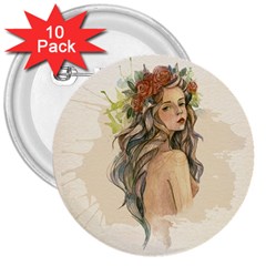 Beauty Of A Woman In Watercolor Style 3  Buttons (10 Pack)  by TastefulDesigns